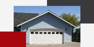 white garage door with windows and blue siding